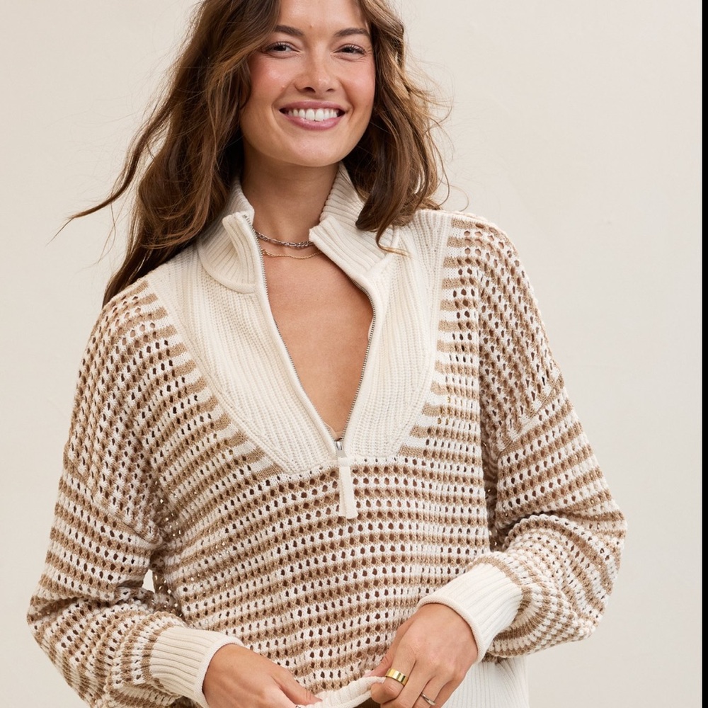 Aerie Crochet Quarter Zip Sweater Toasted Almond